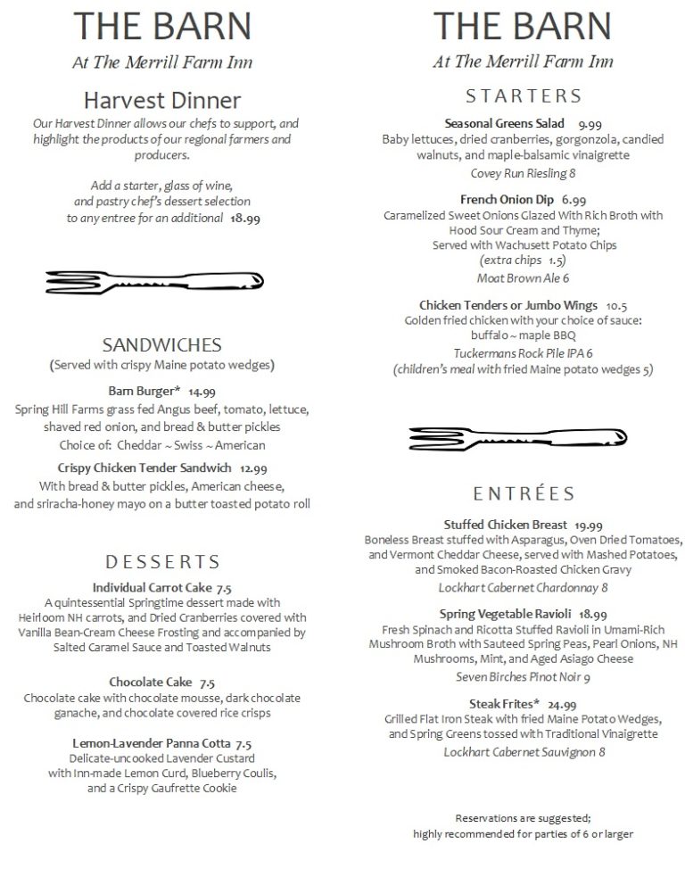 2018 Spring Dinner Menu Merrill Farm Inn